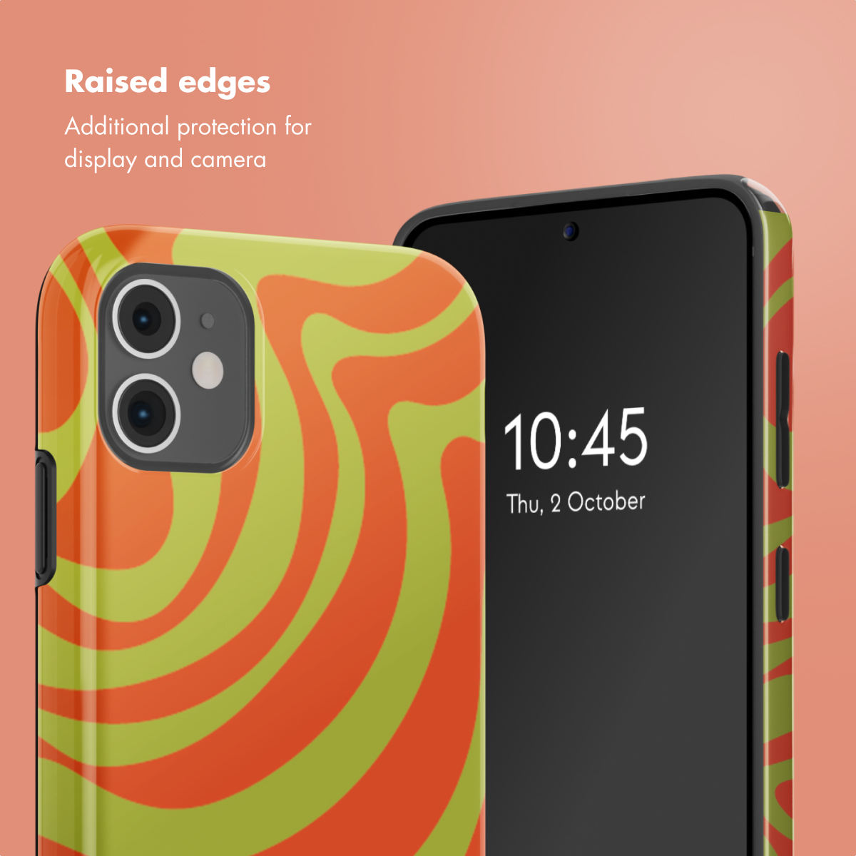 Un teléfono inteligente con una funda protectora ondulada naranja y verde muestra la pantalla.