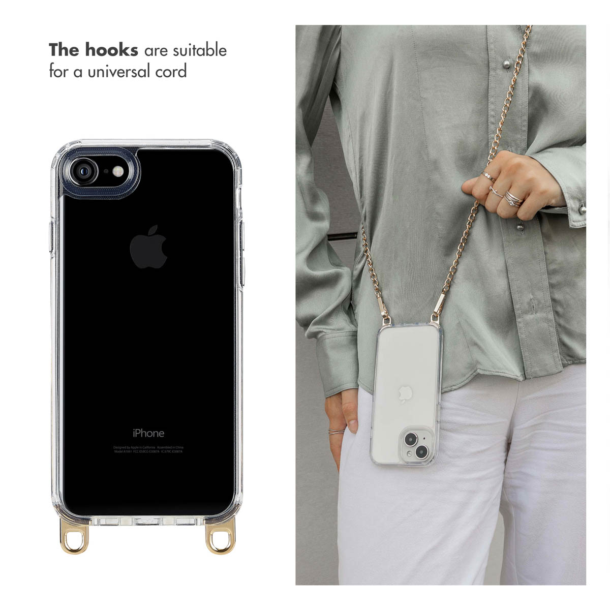 Una custodia trasparente per iPhone con ganci dorati, indossata a tracolla con una catena d'oro.