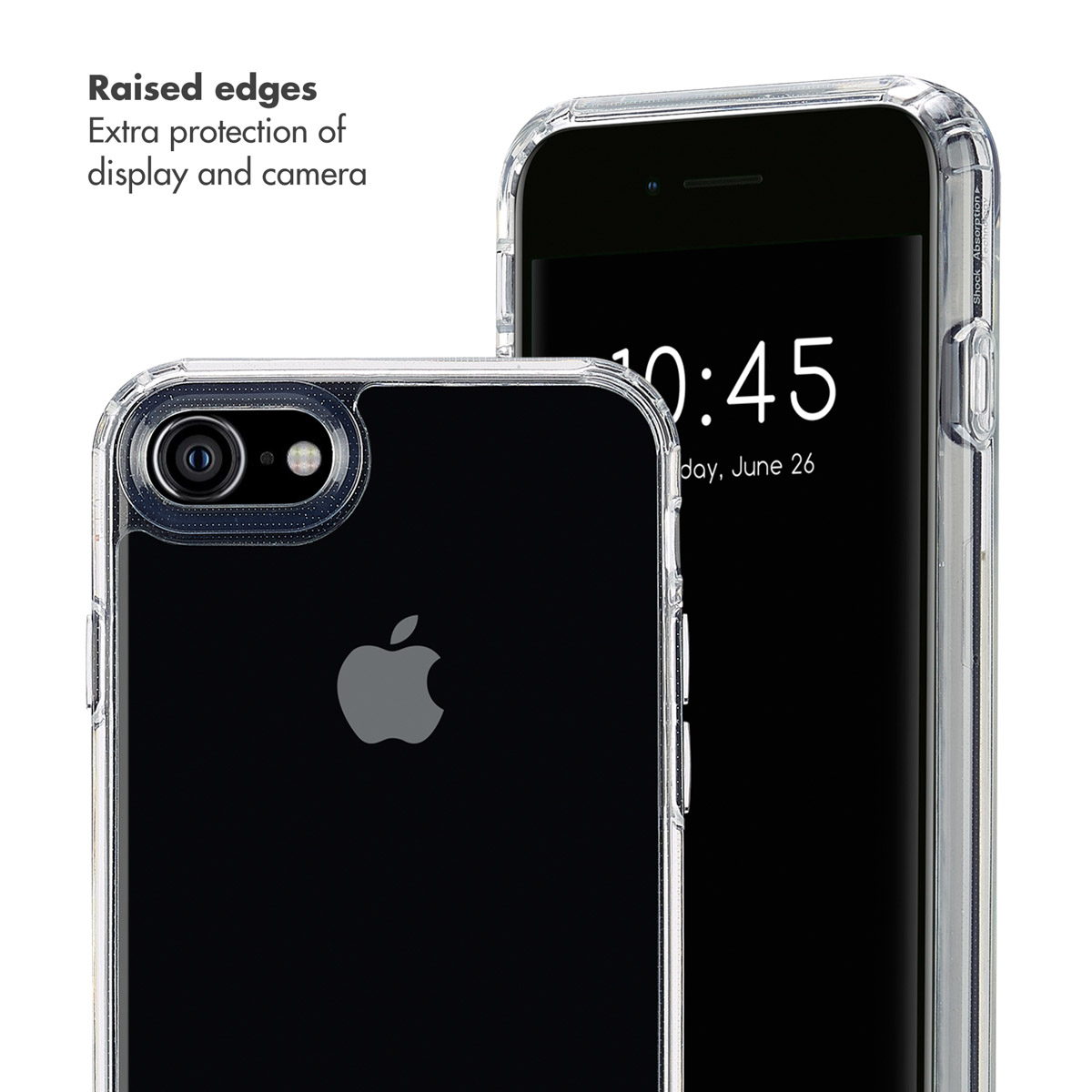 Custodia protettiva trasparente per iPhone con bordi rialzati per proteggere display e fotocamera.