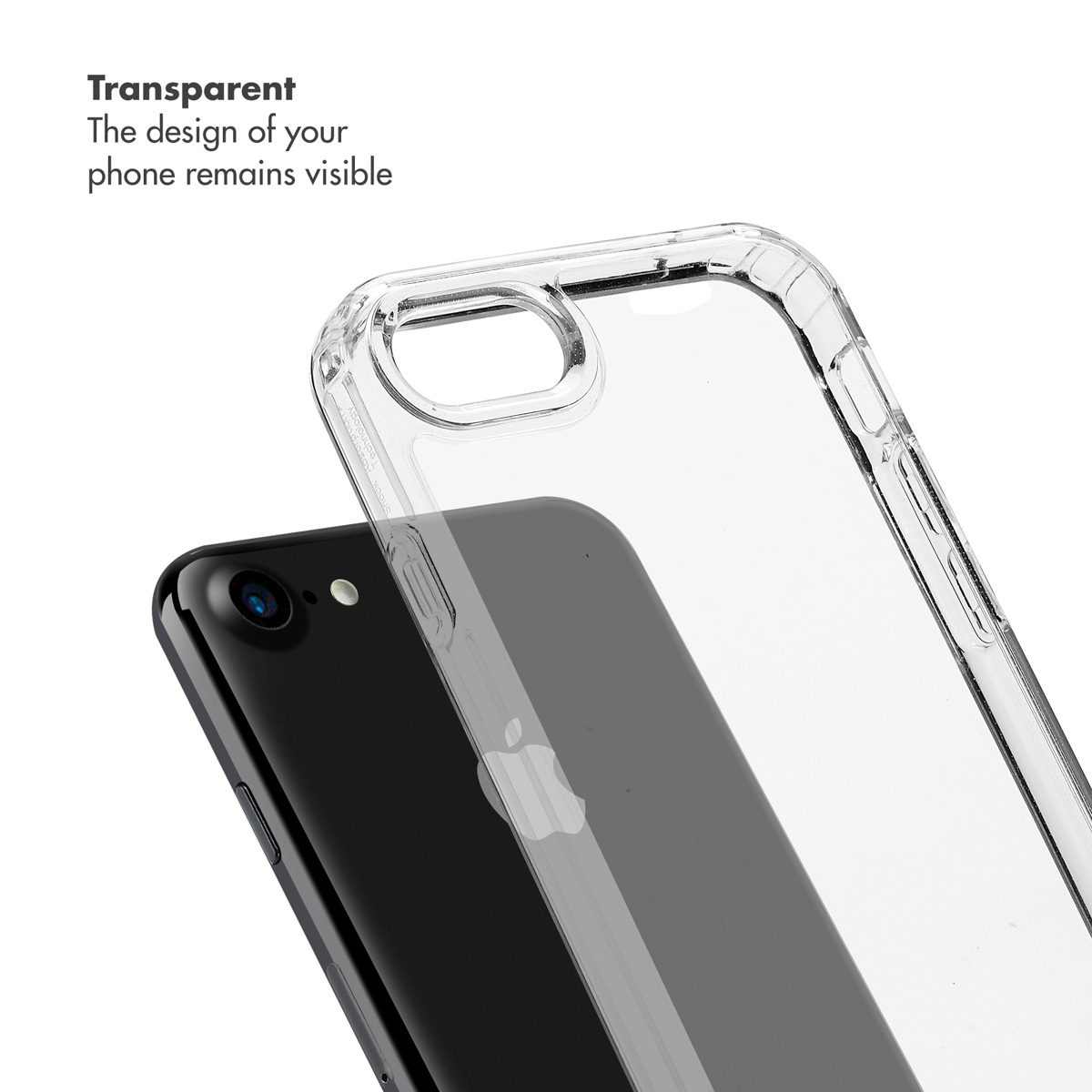Una cover trasparente tenuta sopra uno smartphone nero, mostrando il retro.