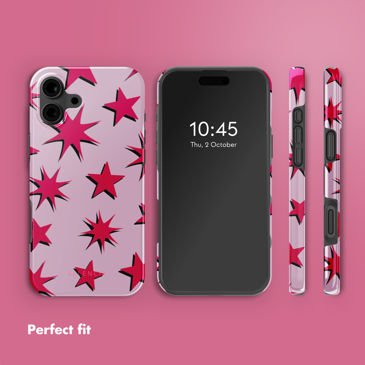 Smartphone con funda rosa y patrón de estrellas rojas sobre fondo rosa.