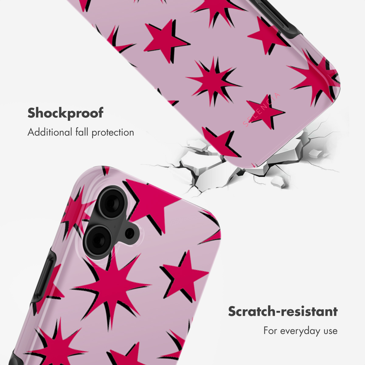 Dos fundas rosas para móvil con estrellas rojas y texto sobre resistencia y protección.
