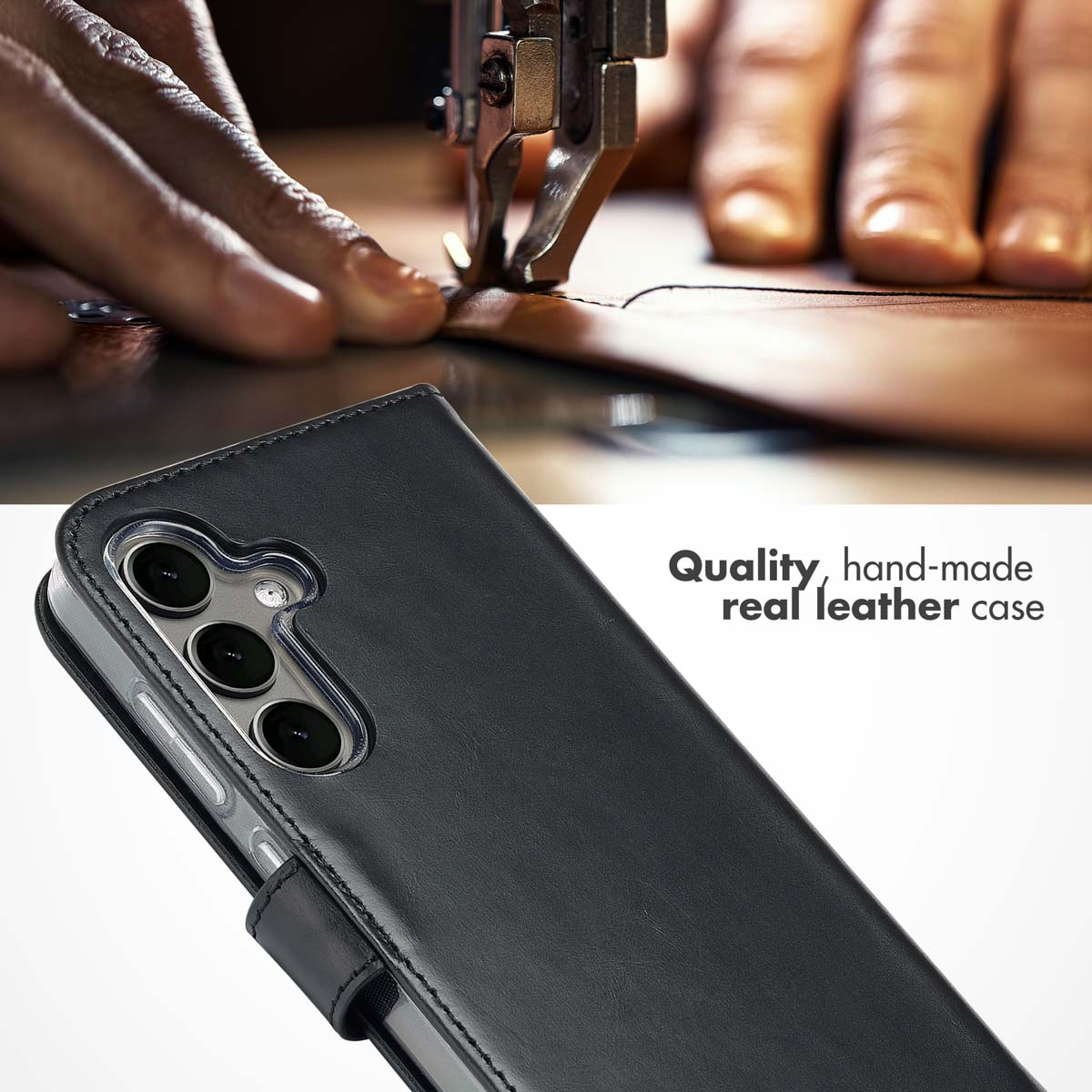 Handmade real leather phone case in the foreground with a sewing machine in the background.