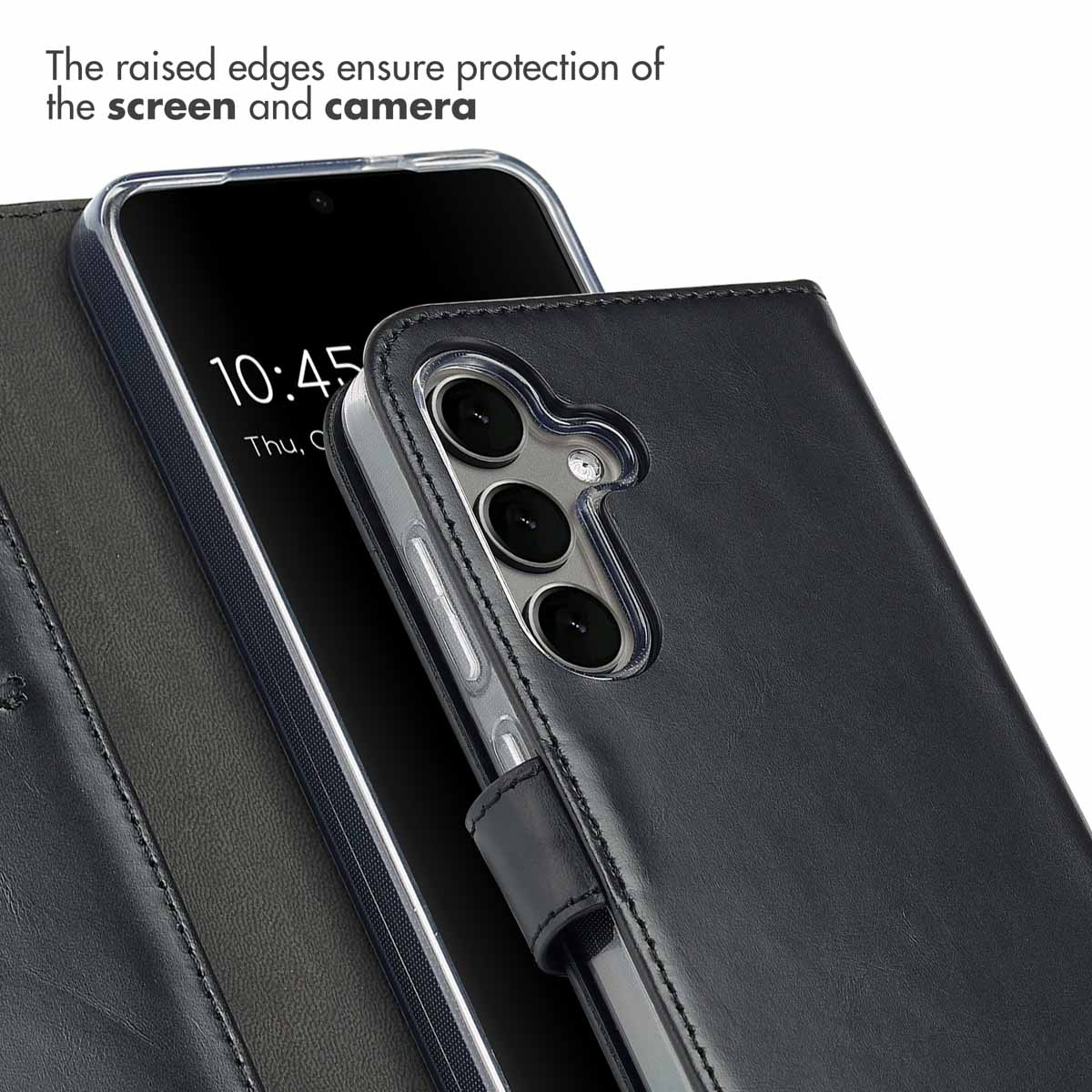 Black leather case for a smartphone with cutouts for camera and raised edges.