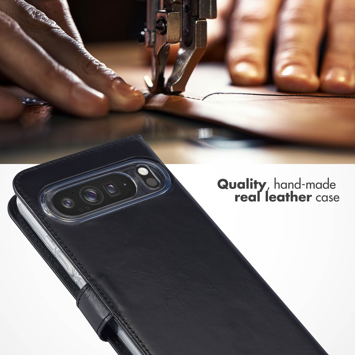Fundador de cuero auténtico hecho a mano, con imagen superior cosiendo cuero a máquina.