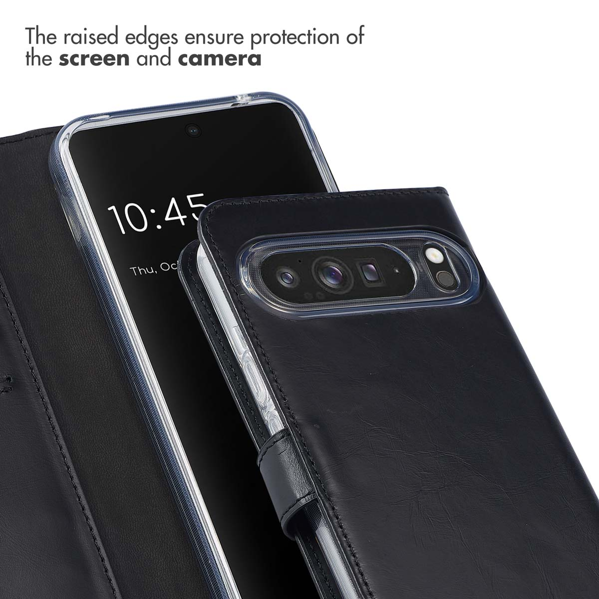 Los bordes elevados protegen la pantalla y la cámara de un smartphone negro en funda de piel.