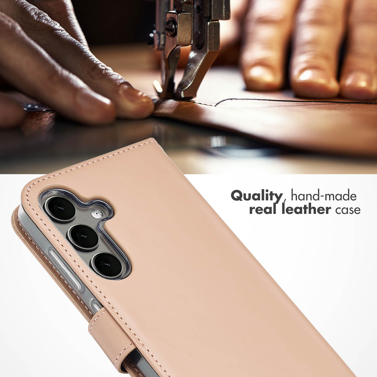 Hand-made leather phone case, with a sewing machine stitching leather above.