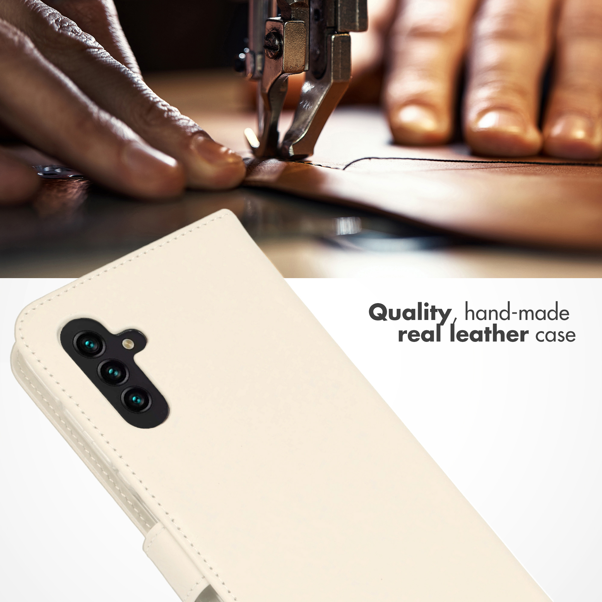 Étui de téléphone en cuir véritable fait main sous une machine à coudre.
