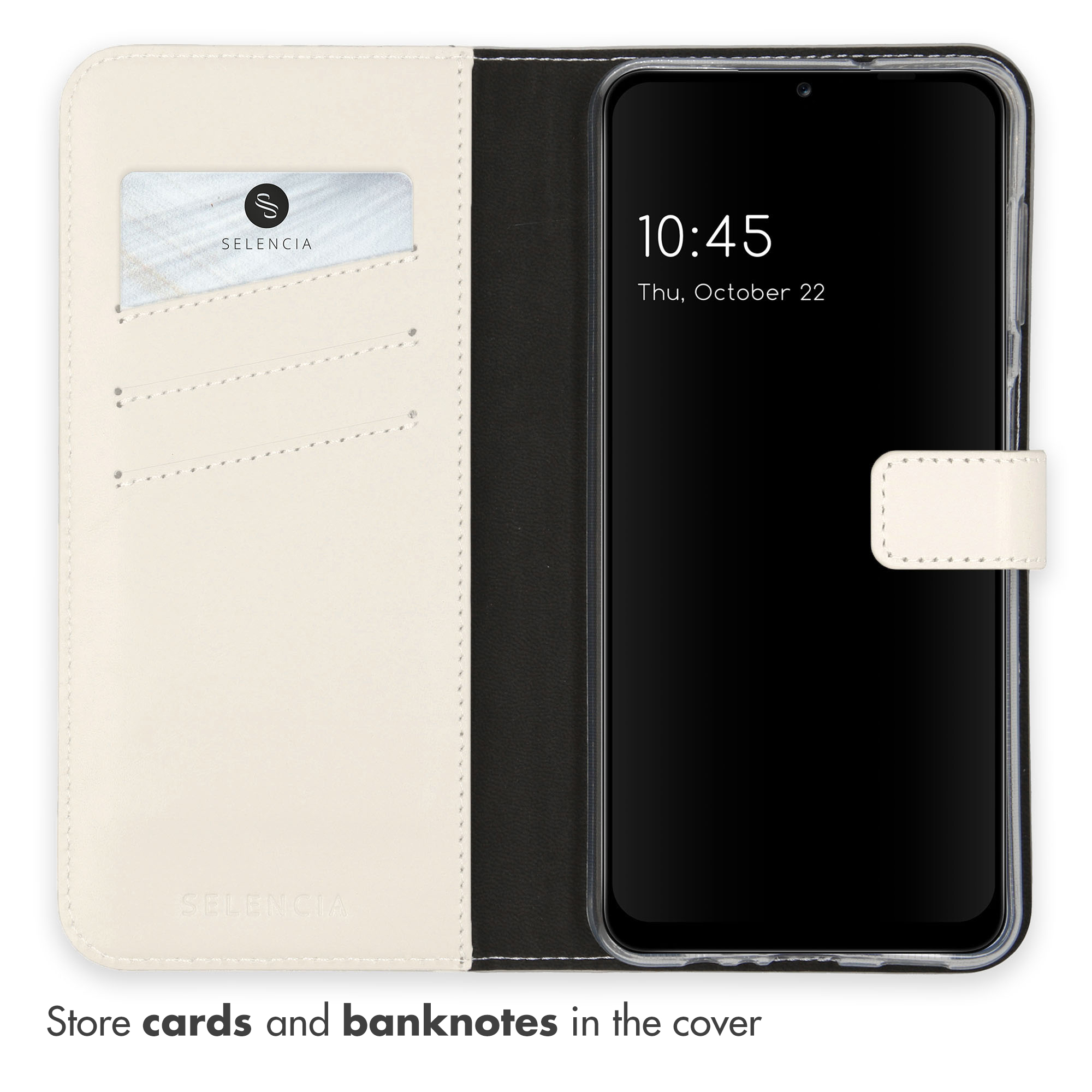Un étui portefeuille blanc pour téléphone avec des fentes pour cartes à gauche et un smartphone à droite.