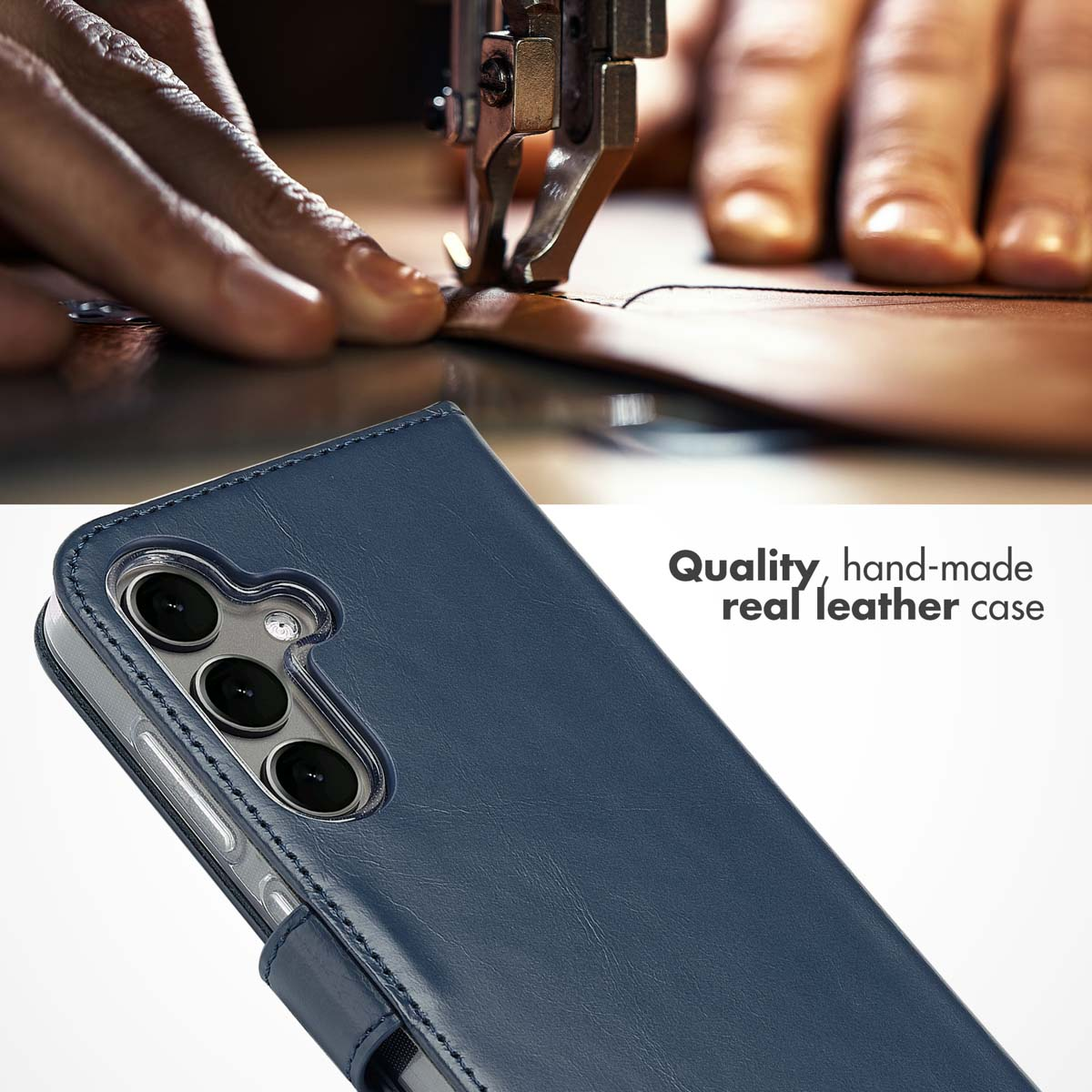 Blue leather phone case in foreground; background shows sewing machine stitching leather. Text reads hand-made case.