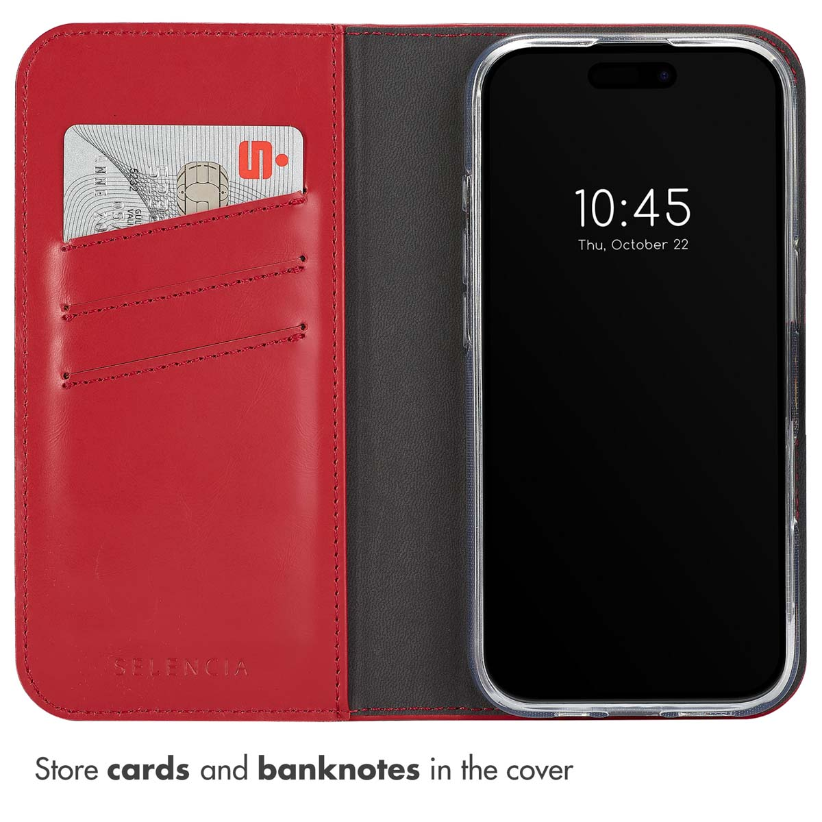 Una custodia rossa per telefono con tasche per carte e uno smartphone a destra.