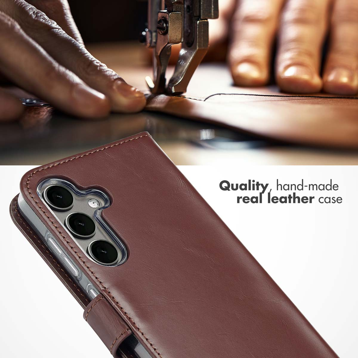 Handmade brown leather phone case with stitching, with a sewing machine working in the background.