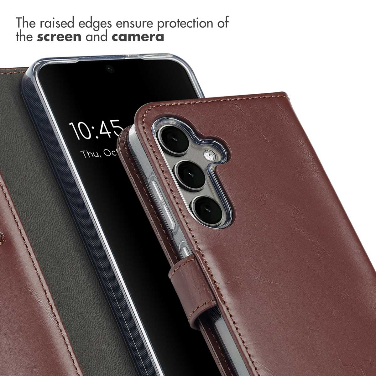Raised edges ensure screen and camera protection for a brown leather wallet phone case.