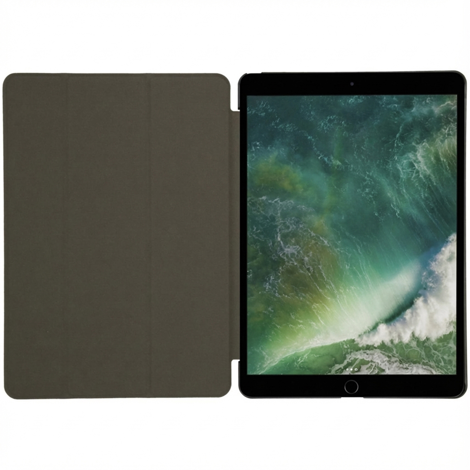 Una custodia per tablet grigia aperta con un tablet che mostra uno sfondo di onde oceaniche turchesi.