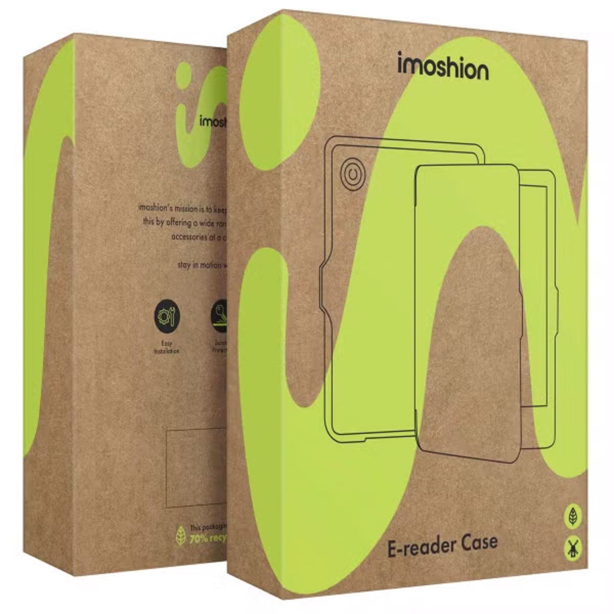 Twee bruine kartonnen dozen met limoengroene golfpatronen voor een imoshion e-reader hoesje.