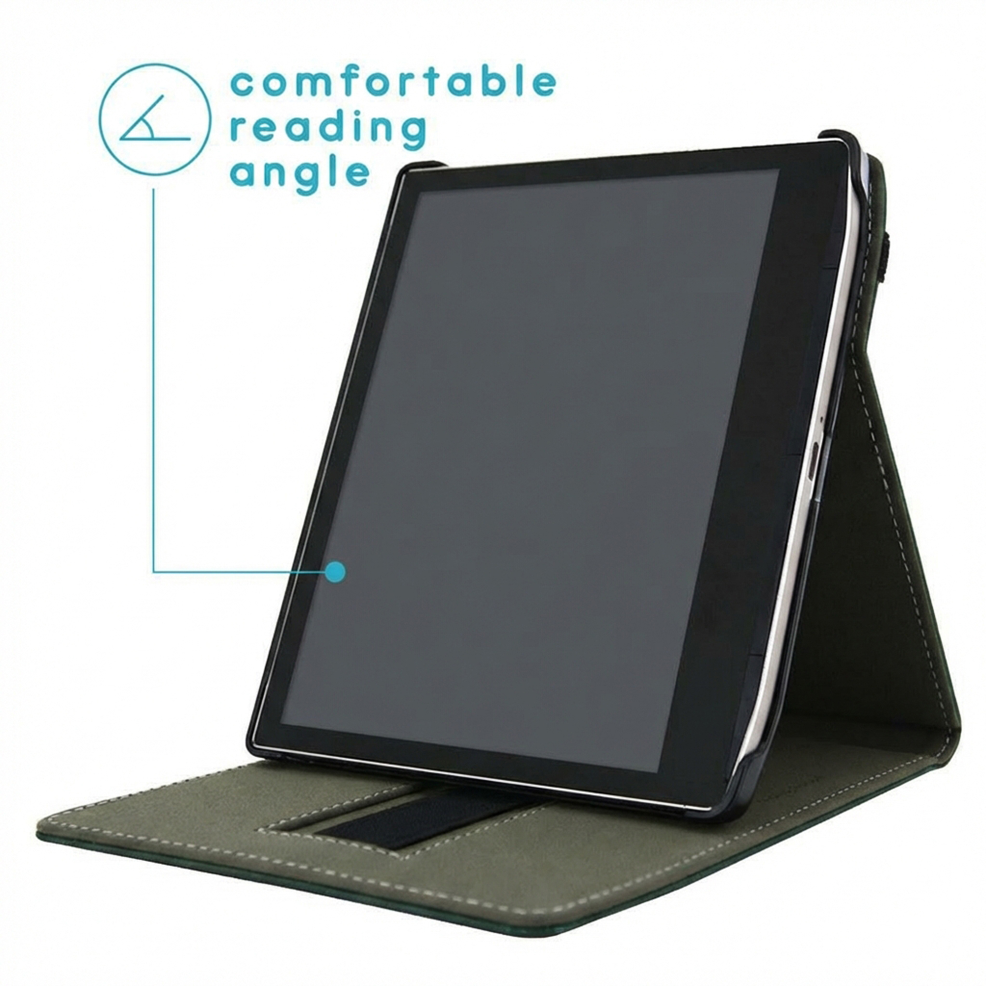 Een zwarte tablet in een grijze beschermhoes, gekanteld voor comfortabel lezen.