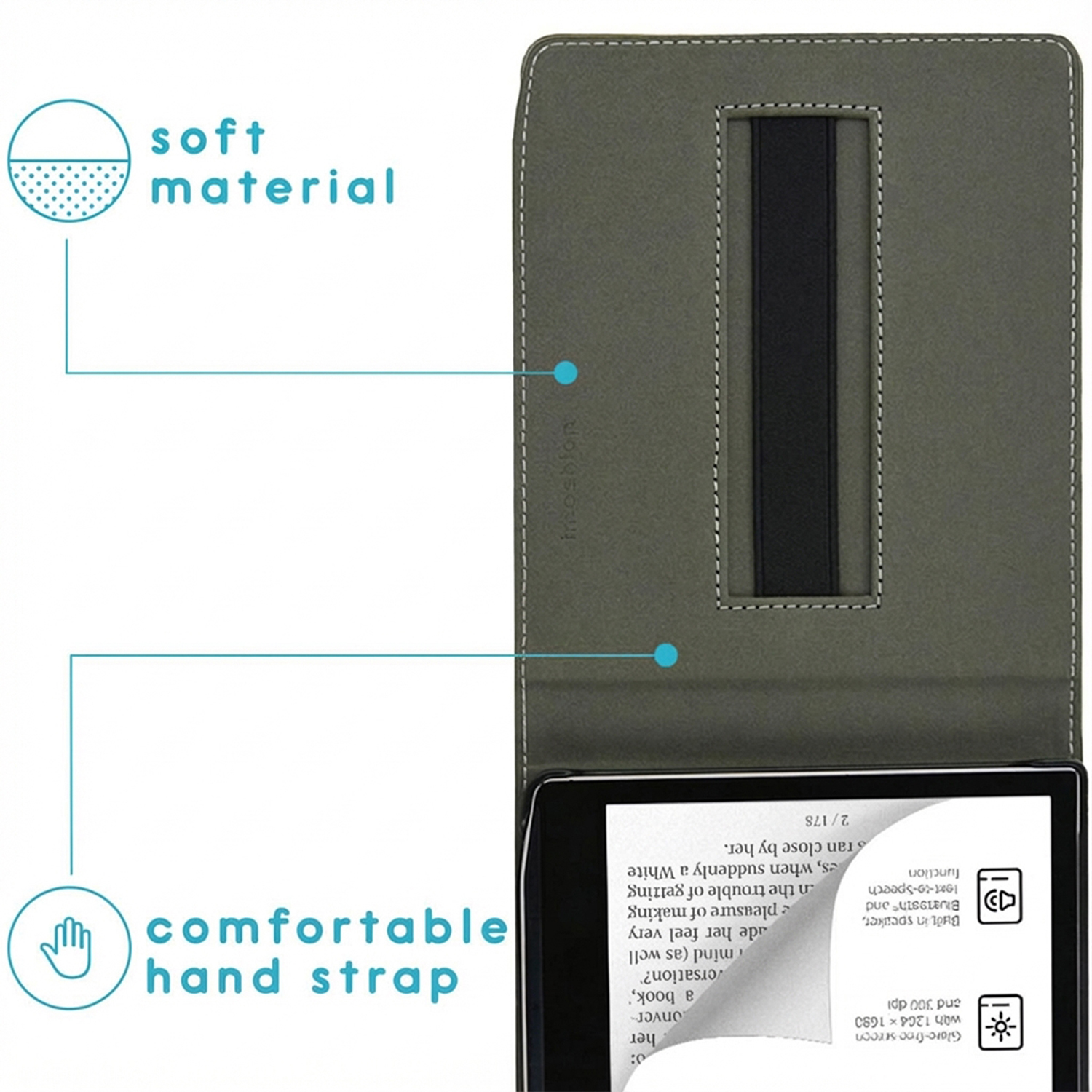 E-readerhoes met zacht materiaal en comfortabele handriem.