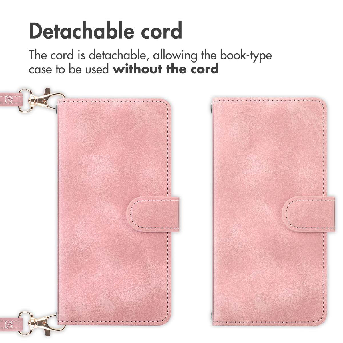 Due custodie per cellulare rosa, una con e una senza tracolla staccabile.