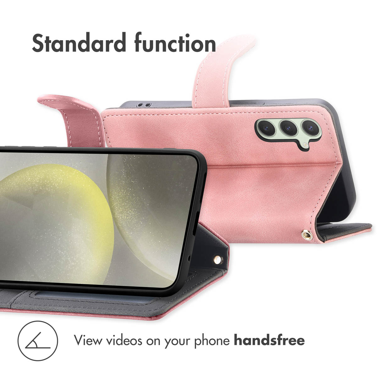 Custodia a portafoglio in pelle rosa che supporta uno smartphone per video in vivavoce.