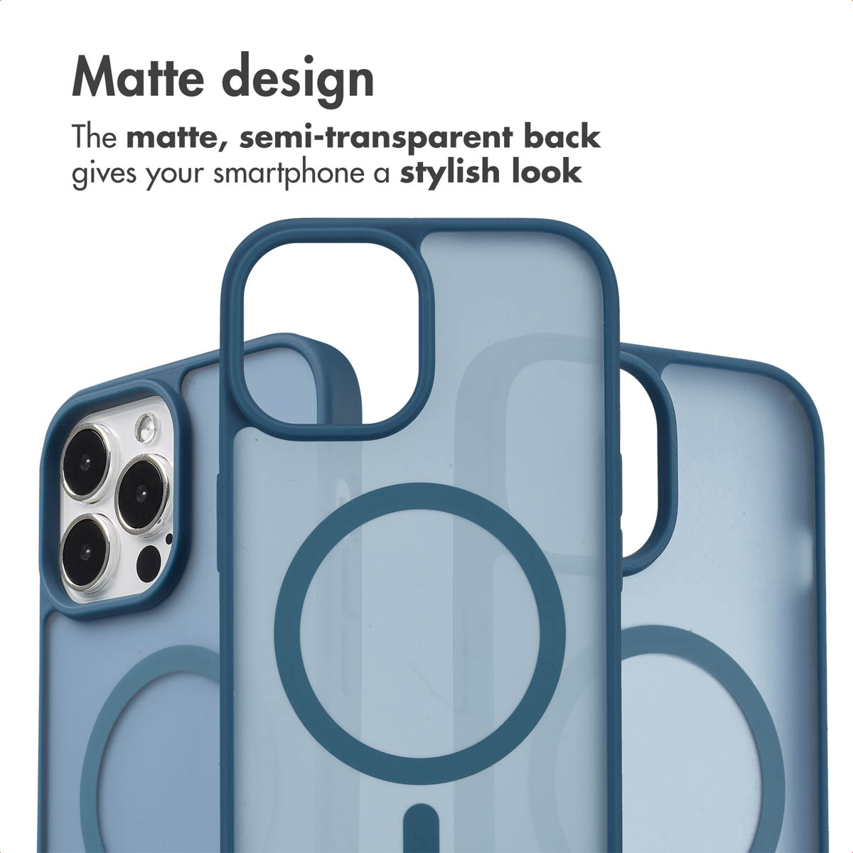 Coques de smartphone bleues mates et semi-transparentes avec cercle MagSafe et appareil photo.