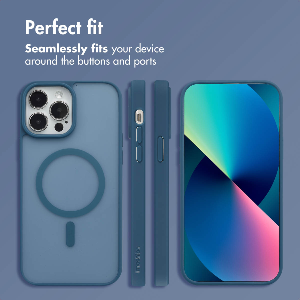 Coque de smartphone bleue montrée de dos, de profil et de face sur fond bleu avec du texte.