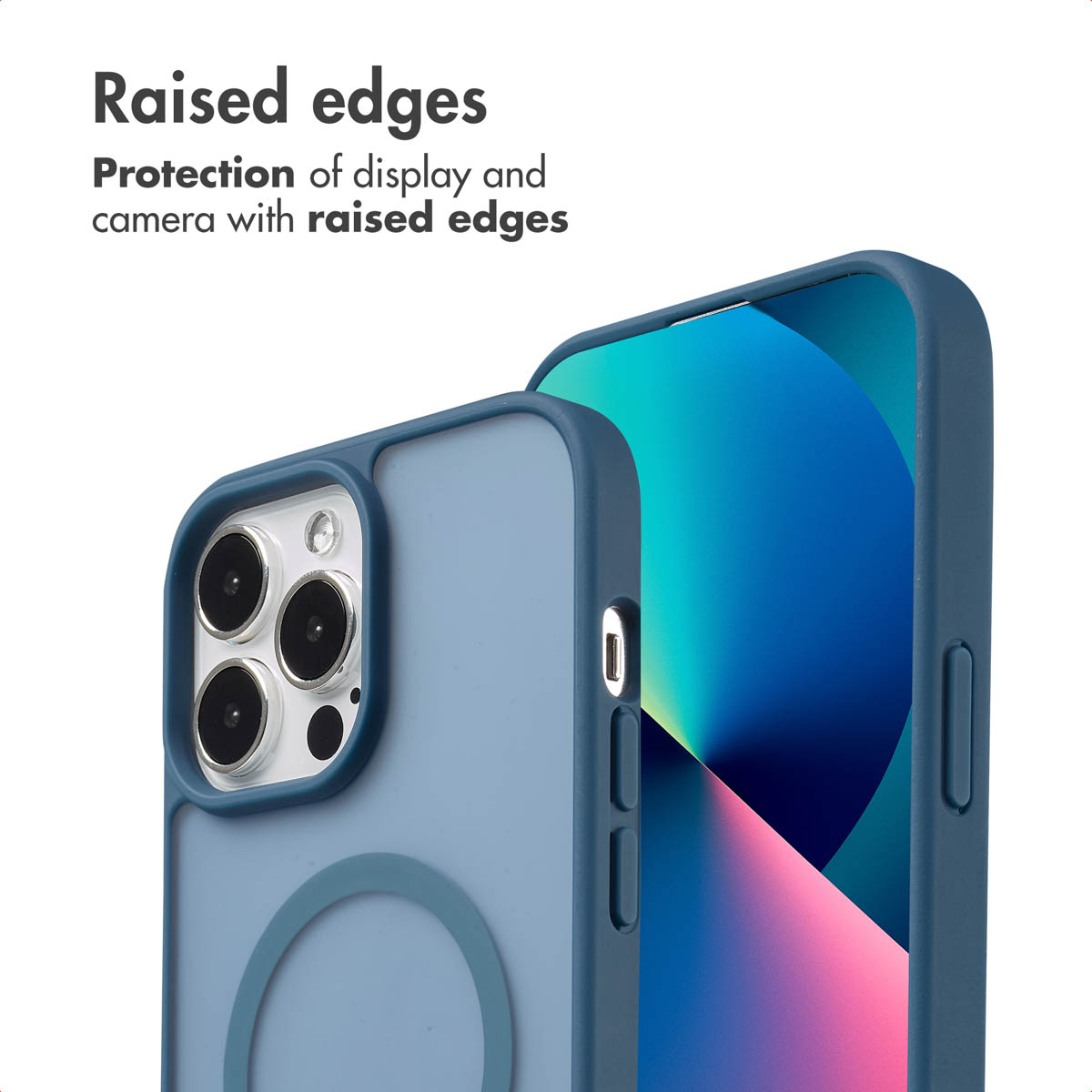 Coque de smartphone bleue avec des bords surélevés pour protéger l'écran et l'appareil photo.
