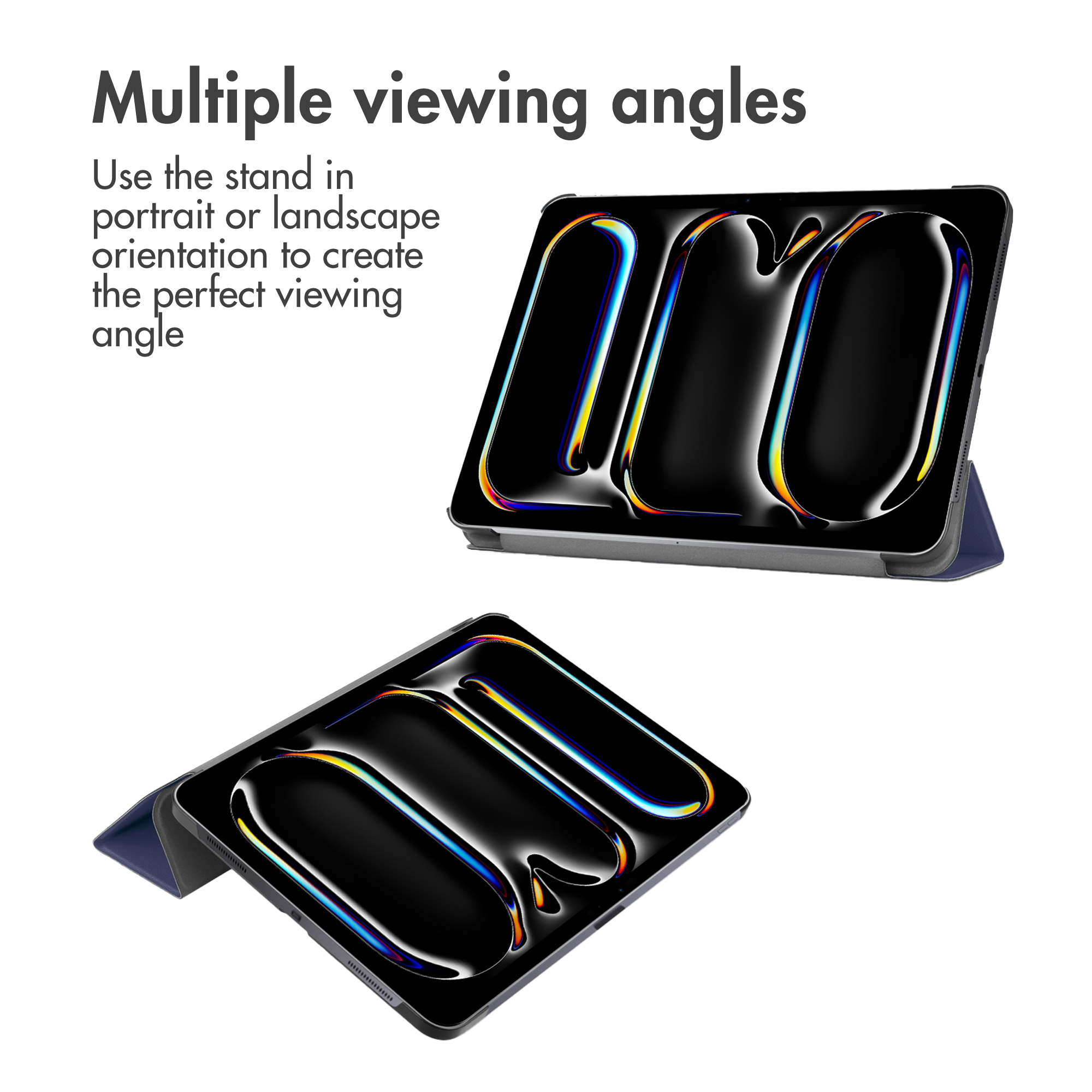 Tablet in due diverse angolazioni di supporto con schermo nero e riflessi colorati su sfondo bianco.