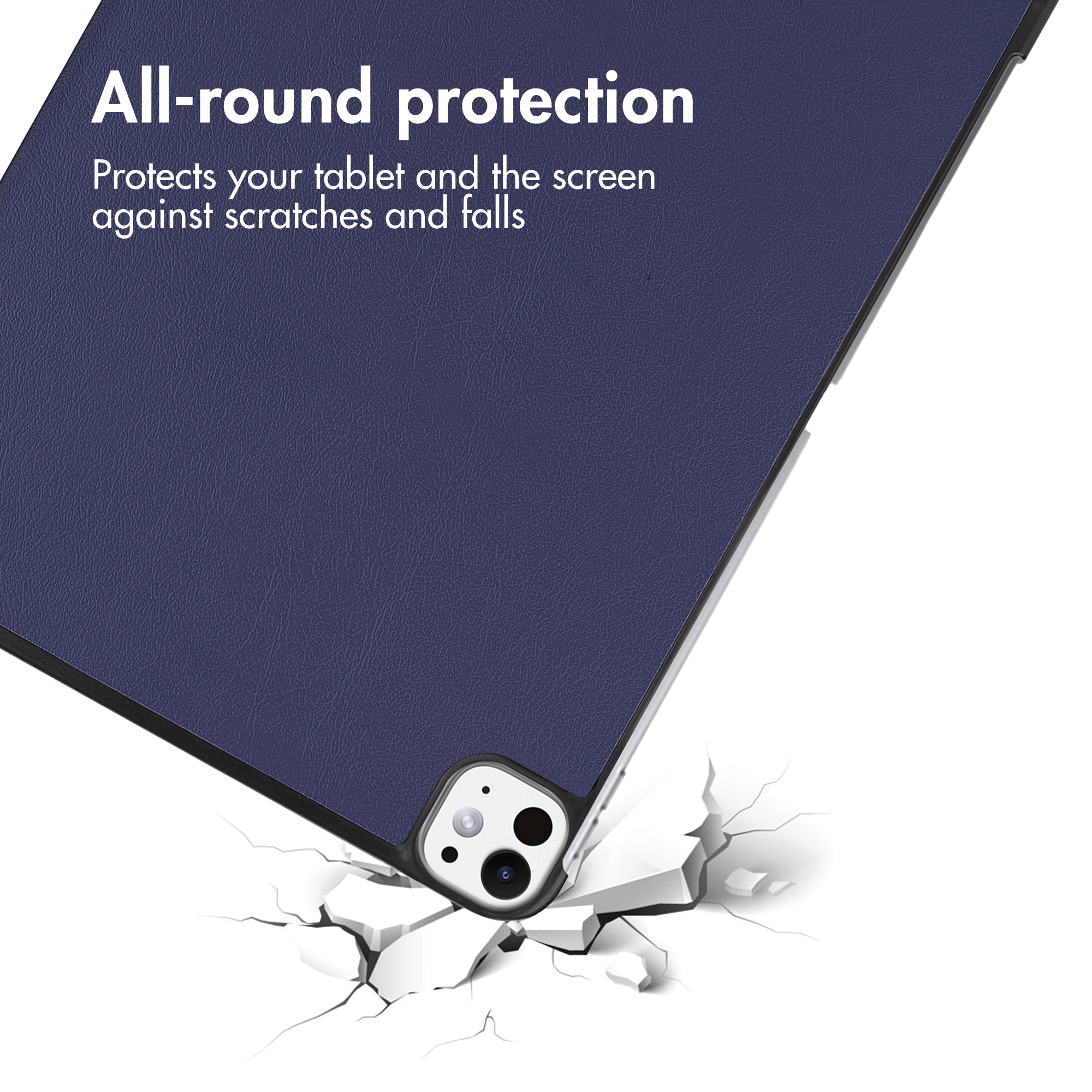 Custodia per tablet blu scuro con ritaglio per fotocamera su sfondo bianco.