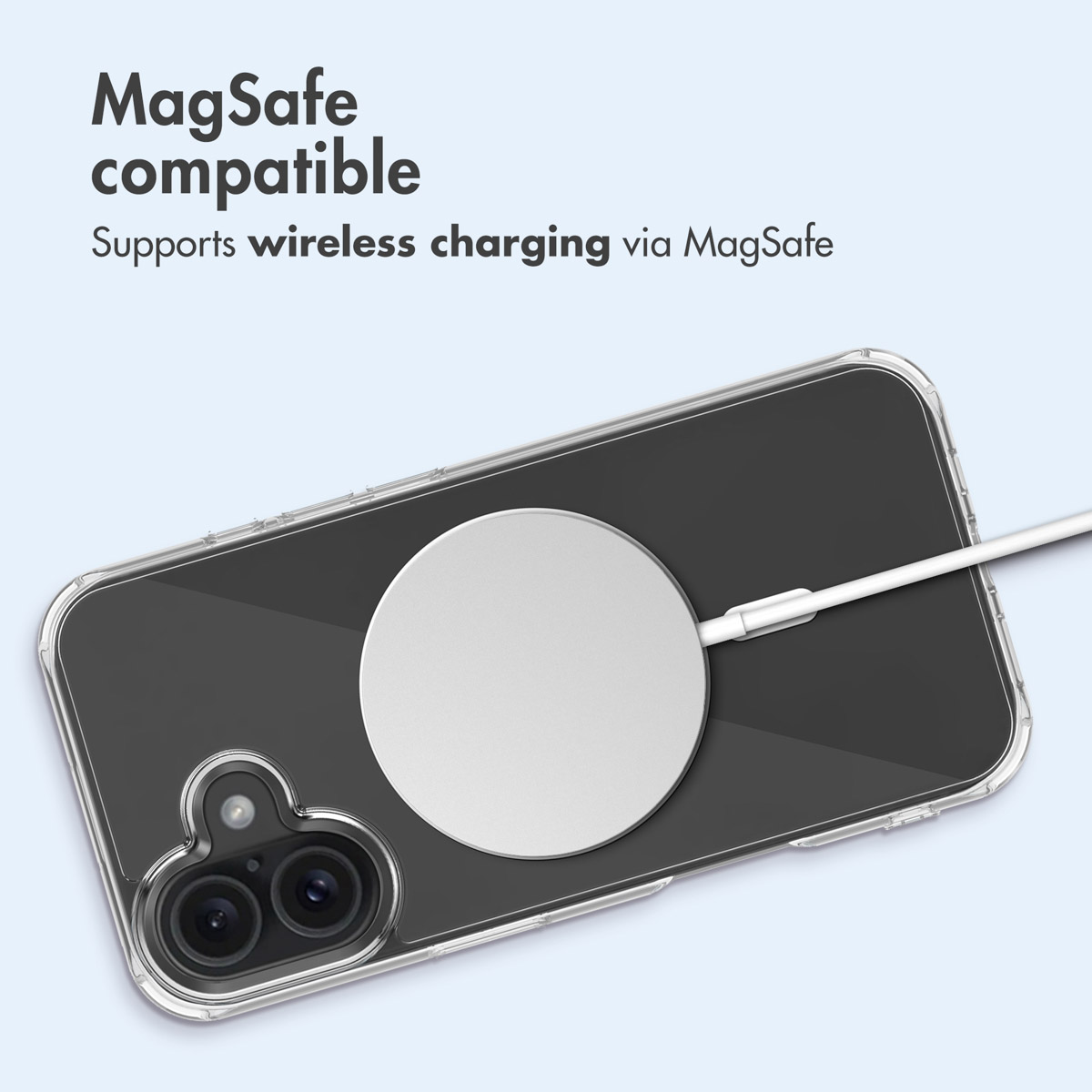 Custodia per telefono compatibile MagSafe con caricabatterie wireless sul retro.