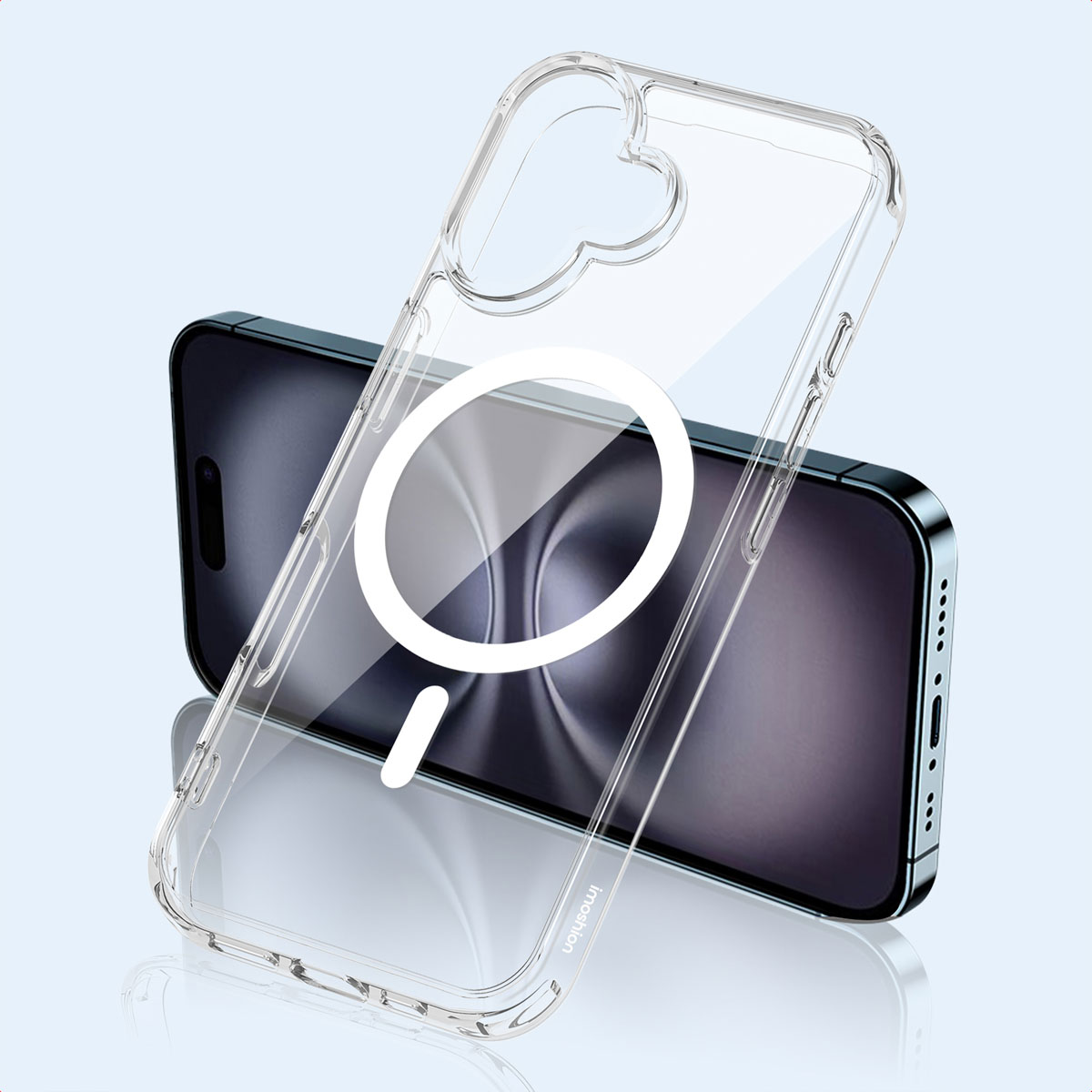 Una custodia trasparente per telefono con anello MagSafe fluttua davanti a uno smartphone.