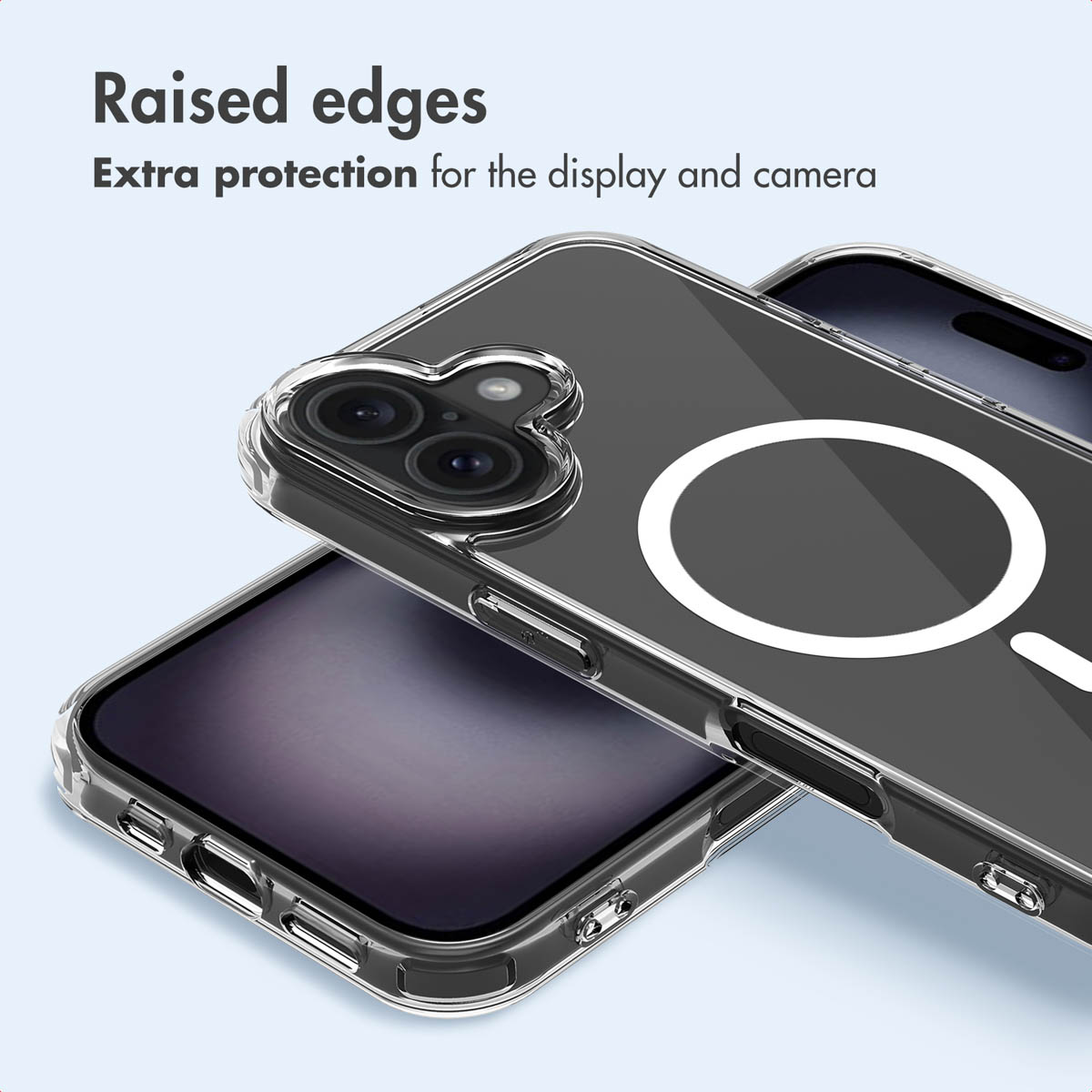 Custodia trasparente con bordi rialzati per proteggere fotocamera e schermo, e anello MagSafe.