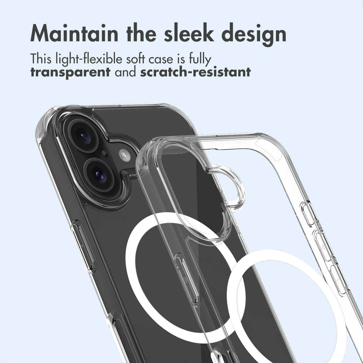 Custodia per telefono trasparente e flessibile con anello MagSafe sul retro.