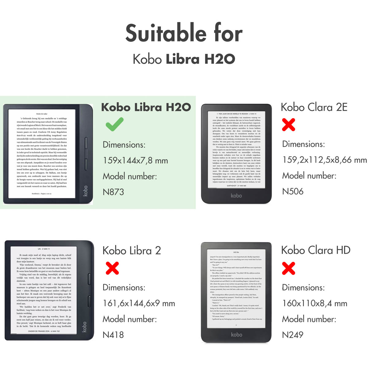 Comparaison de liseuses avec dimensions et numéros de modèle ; Kobo Libra H2O est compatible.
