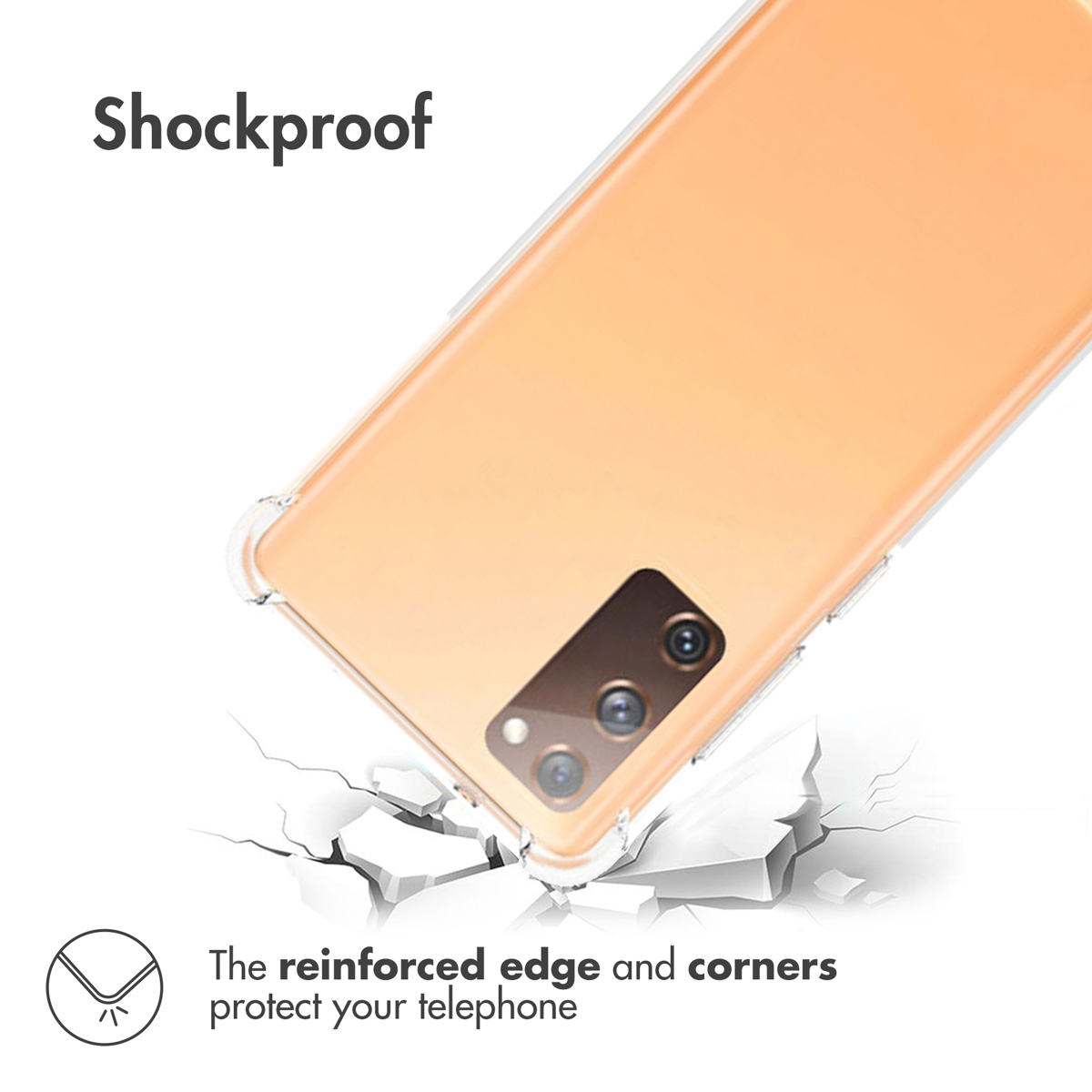 Un smartphone orange avec coque de protection flotte sur une surface fissurée, texte : Shockproof.