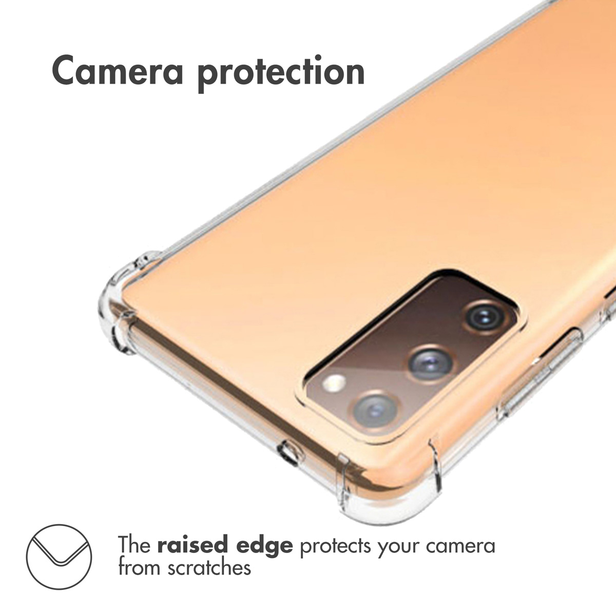 Un smartphone dans une coque transparente avec des bords surélevés autour de l'appareil photo.
