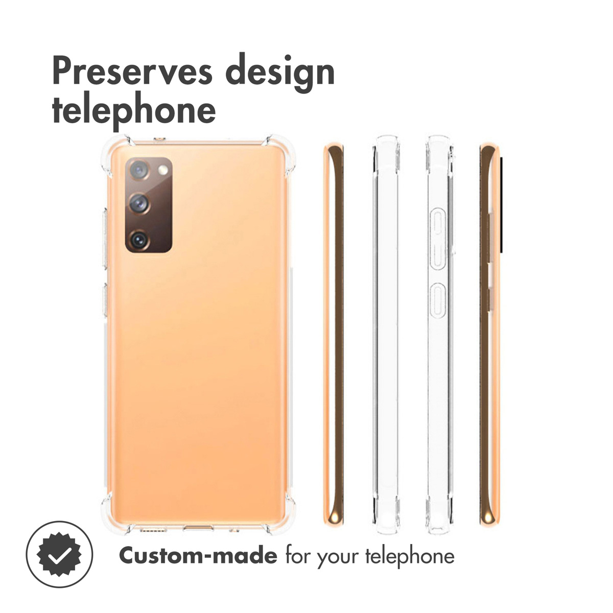 Une coque transparente sur un téléphone couleur pêche, avec quatre vues latérales et du texte.