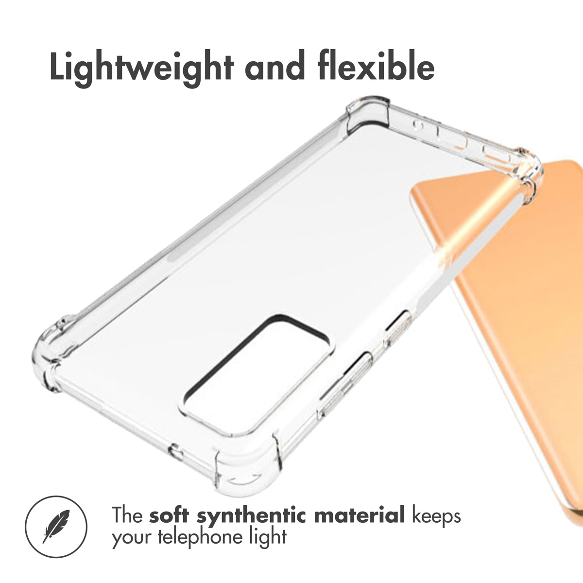Coque de protection transparente et souple pour smartphone sur fond orange.