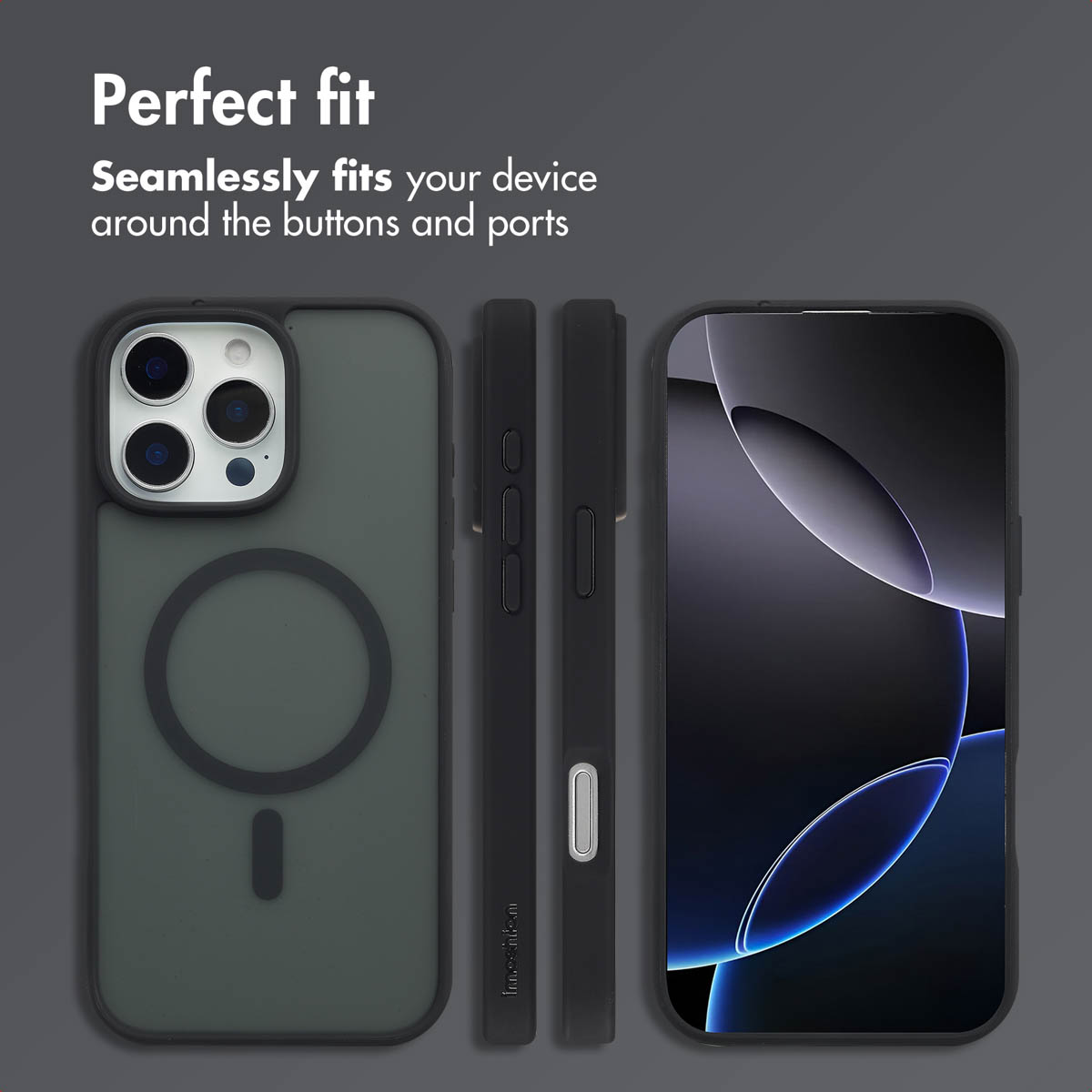 Funda de teléfono negra con anillo MagSafe y recortes para botones, mostrada en varias vistas sobre fondo gris.
