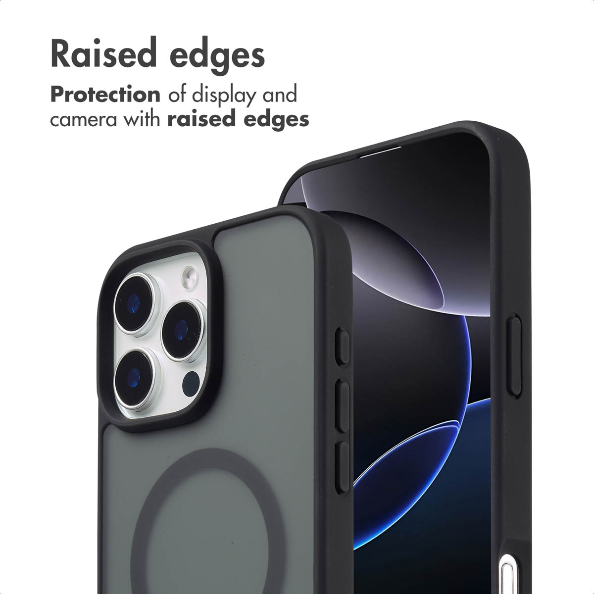 Smartphone en funda protectora con bordes elevados para pantalla y cámara.