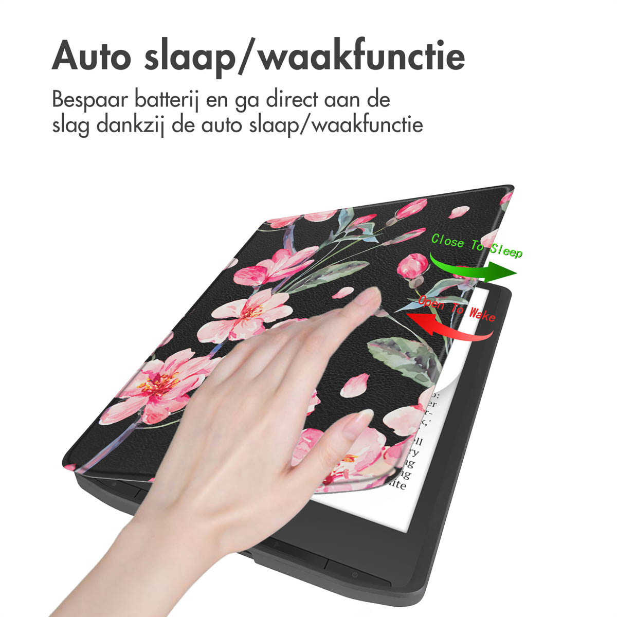 Hand opent een bloemhoes op een e-reader met automatische slaap- en waakfunctie.