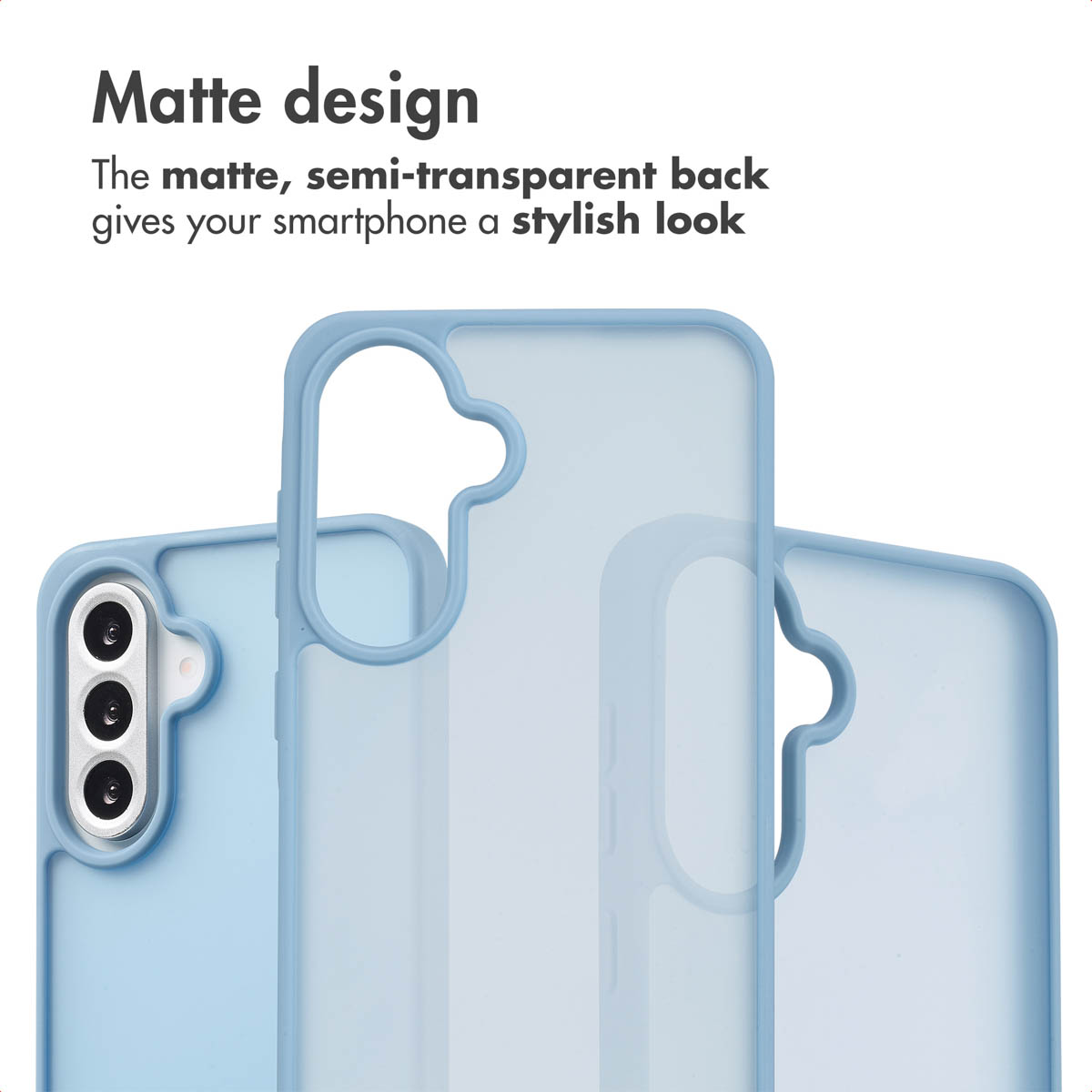 Tre cover per smartphone azzurre semitrasparenti con ritagli per fotocamera e testo sul design opaco.
