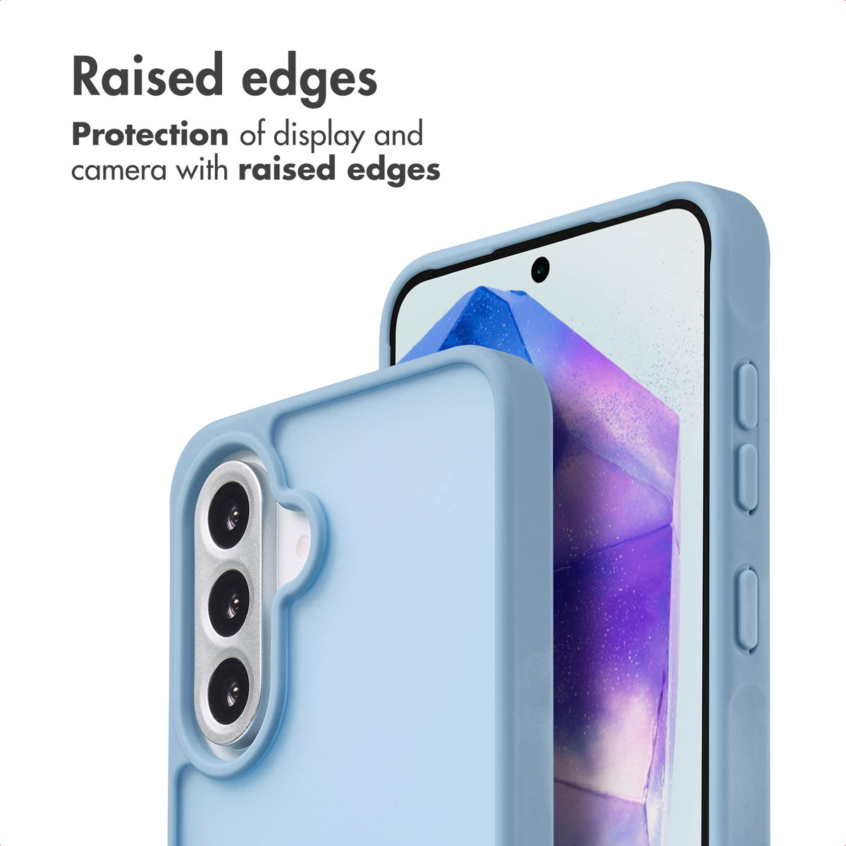 Custodia blu per telefono con bordi rialzati per proteggere schermo e fotocamera.