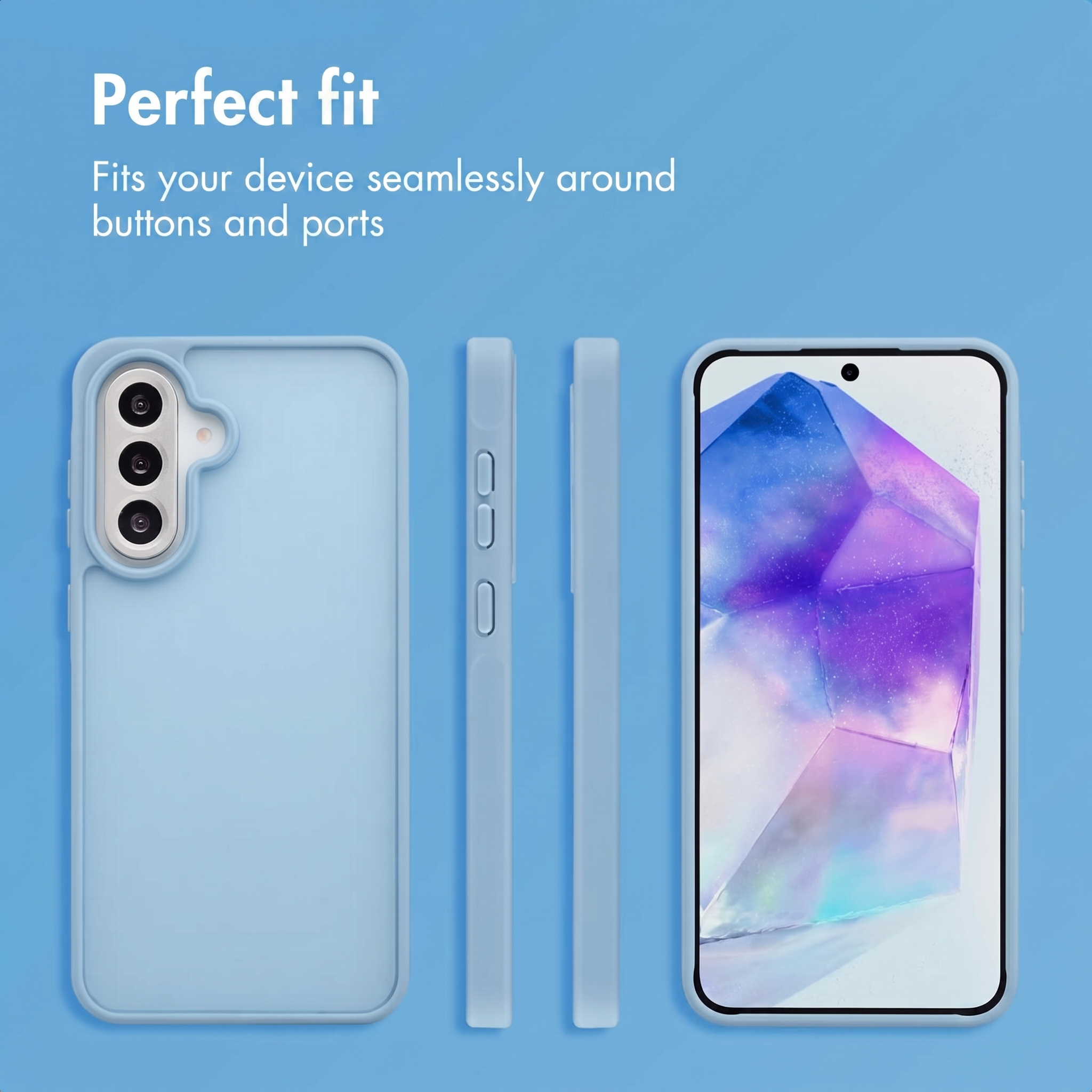 Custodia per telefono blu in varie viste con testo Vestibilità perfetta su sfondo blu.