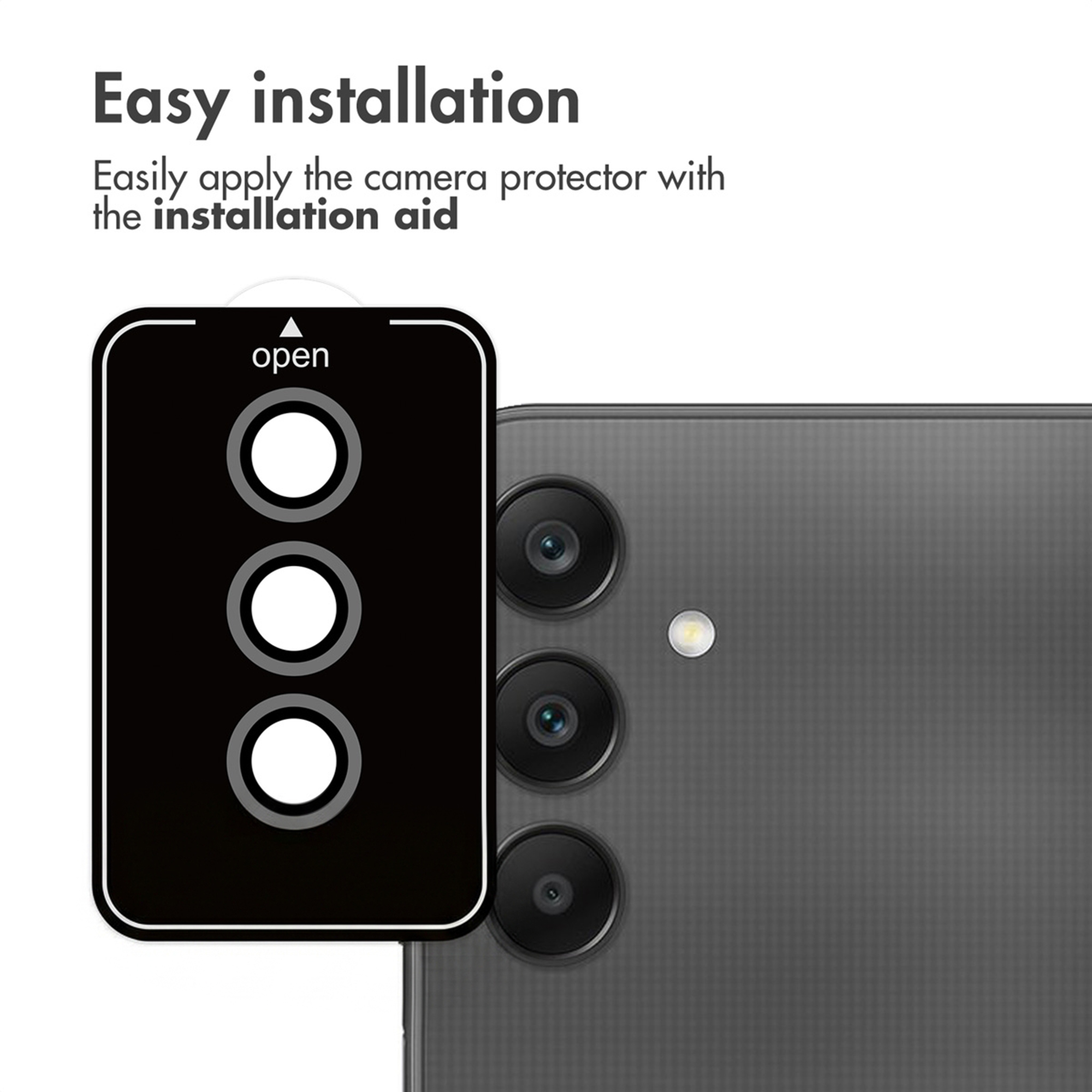 Easy installation of a camera lens protector with an installation aid on a smartphone.