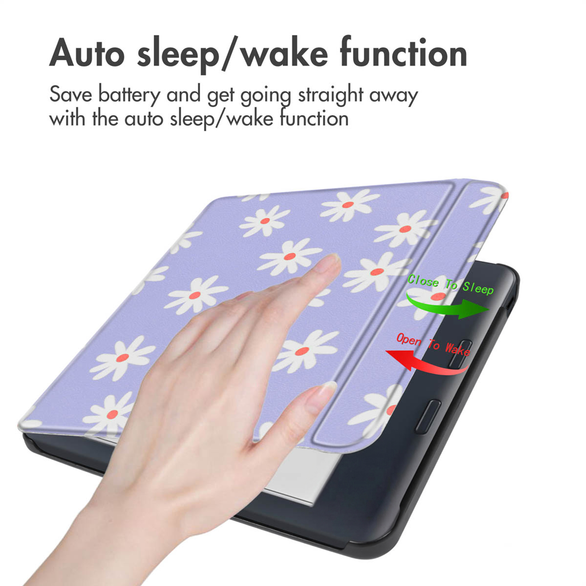 Hand opent paarse e-readerhoes met bloemen en slaapfunctie.