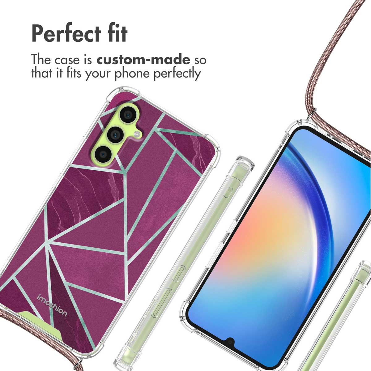 Coque de téléphone violette avec motif géométrique, lanière et texte Perfect fit.