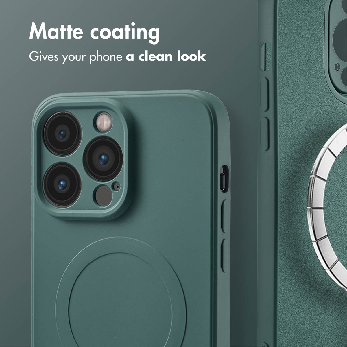 Una custodia verde per smartphone con finitura opaca, obiettivi e testo 'Matte coating'.