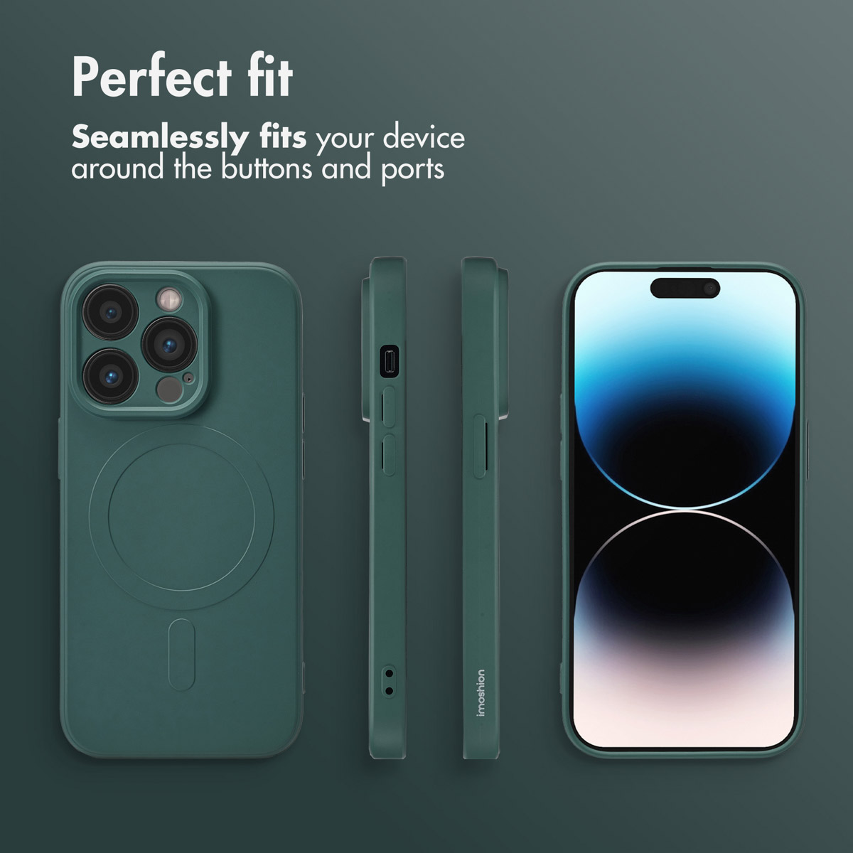 Una cover per smartphone verde scuro mostrata da dietro, di lato e di fronte su sfondo verde scuro.