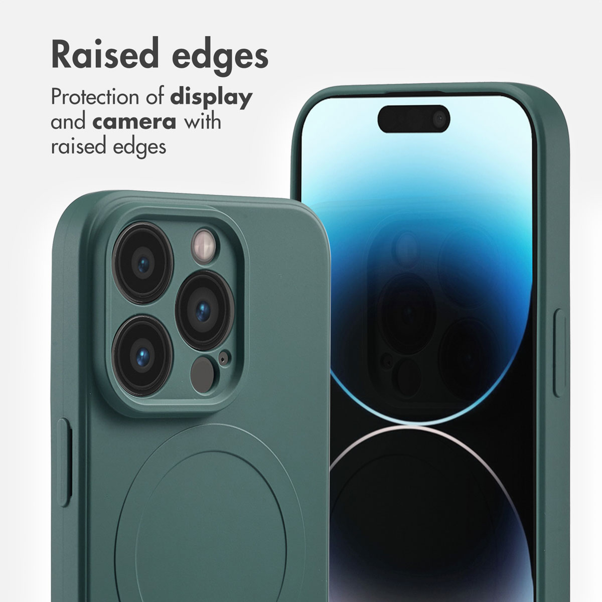 Custodia verde per smartphone con bordi rialzati per proteggere schermo e fotocamera.