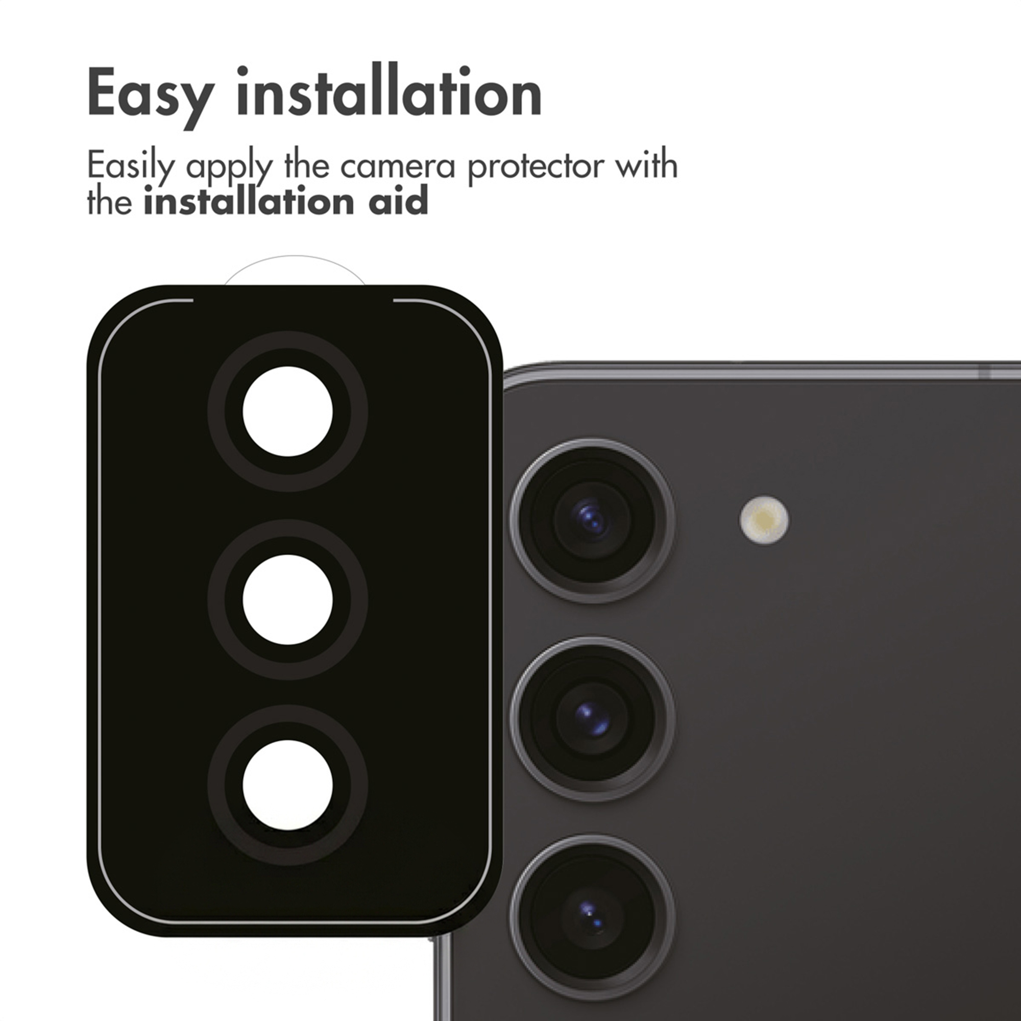Een installatiehulp die over de drie cameralenzen van een smartphone wordt geplaatst.